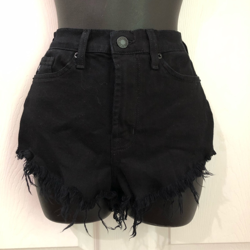 KANCAN Black high rise waist cut off shorts with raw distressed hem size 7